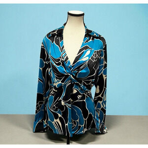 Vtg 90s Y2k Cache Silk Blend Blue Black Artsy Long Sleeve Blouse Cross Front L